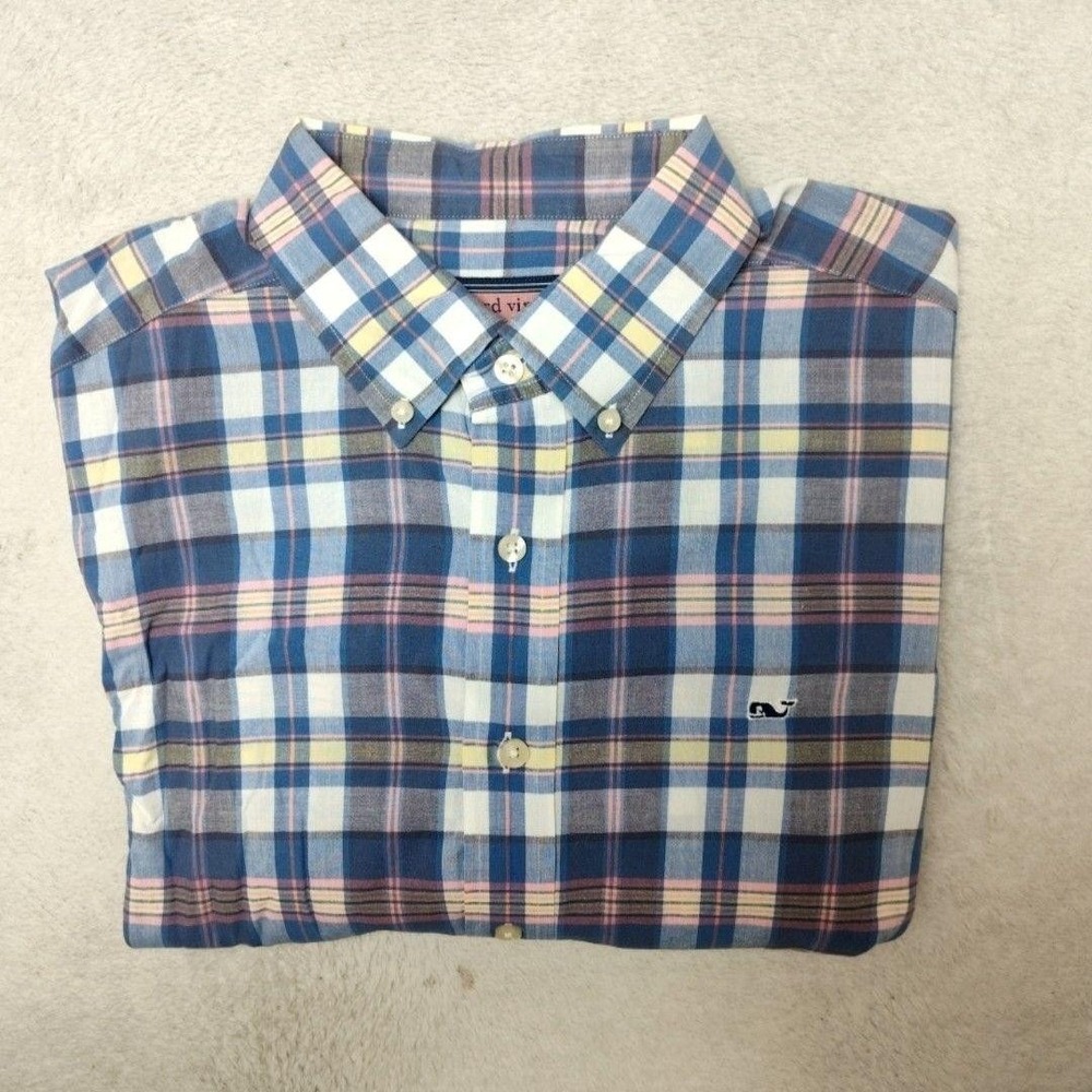 Vineyard Vines Shirt Mens M‎ Blue Plaid Button-Up Whale Shirt Cotton Long Sleeve